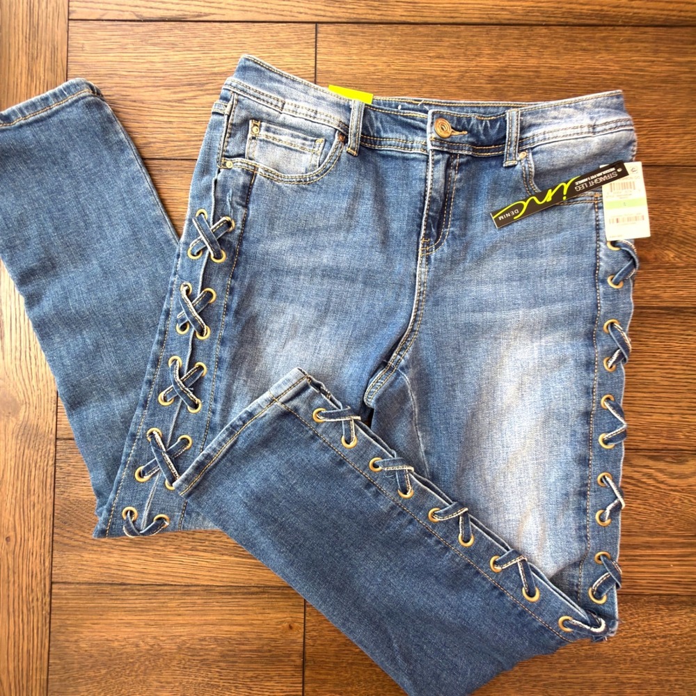 Boho Trending Unique Womens Lace Up Side Straight Leg Ankle Jeans Indigo 8